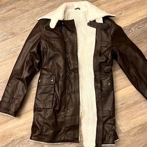 Fur and faux leather trench coat style jacket